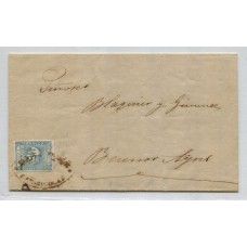 ARGENTINA 1859 GJ 17A CABECITA ESTAMPILLA VARIEDAD AZUL LECHOSO EN CARTA PLIEGO COMPLETO CON DOBLE MARCA DE SAN NICOLAS CIRCULADA EN 13/12/1861 RARA, HERMOSA Y DE LUJO CON FIRMA DE KNEITSCHEL U$ 835+